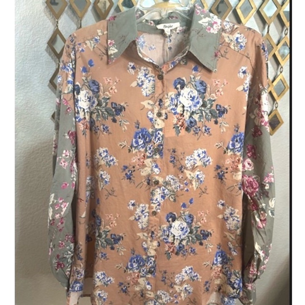 Blue Velvet Floral Button Down top Oversized